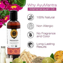 AyuMantra Mahanarayan Oil bottle with natural ingredients and benefits on a white background