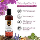 Ayurvedic oil bottle with purple flowers and natural elements on a white background