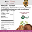 Manjistha Powder label with AyuMantra branding, supplement facts, and organic certification logos.