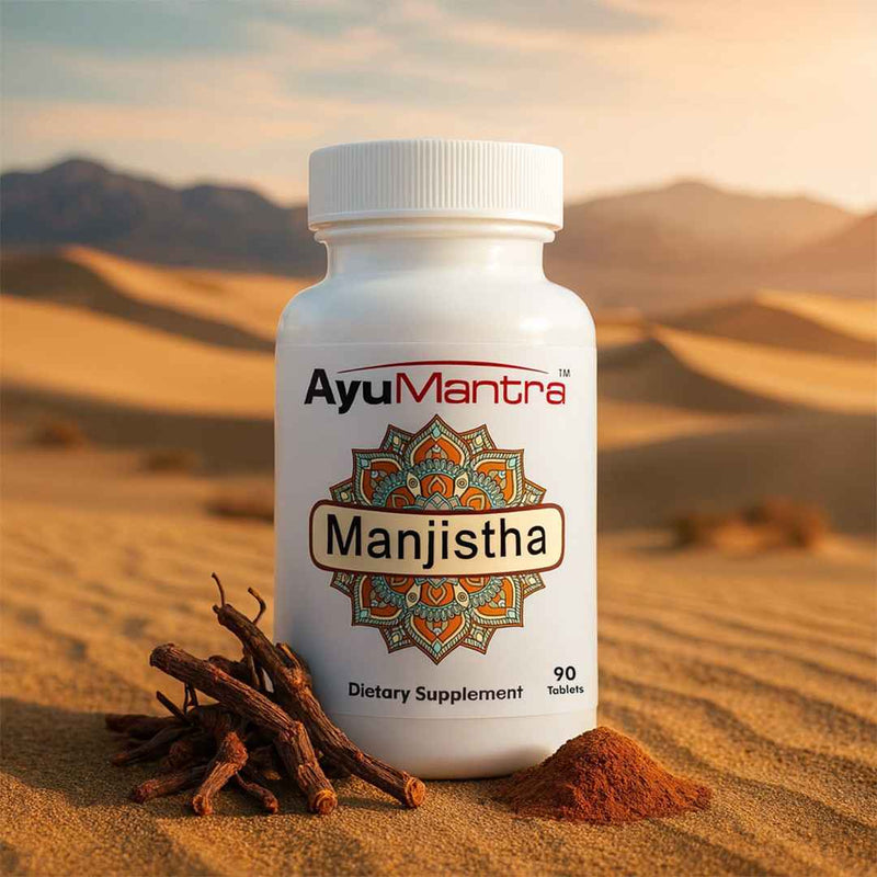 AyuMantra Manjistha dietary supplement bottle with desert background
