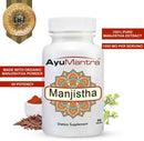 AyuMantra Manjistha dietary supplement bottle with branding and product details on a white background