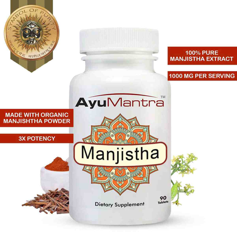 AyuMantra Manjistha dietary supplement bottle with branding and product details on a white background