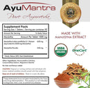 AyuMantra supplement label with Manjistha extract details and certification logos.