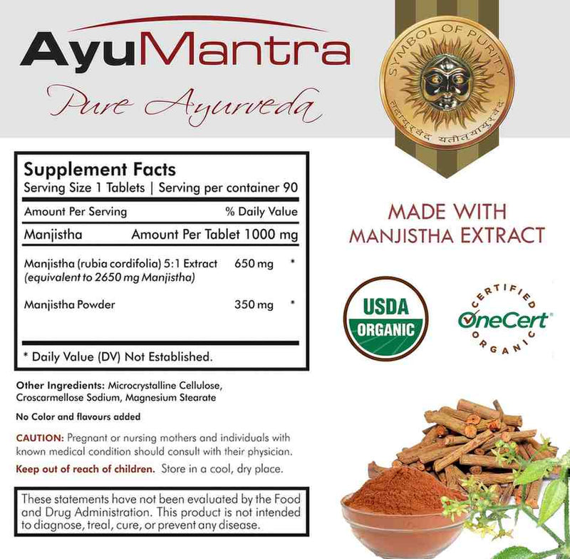 AyuMantra supplement label with Manjistha extract details and certification logos.