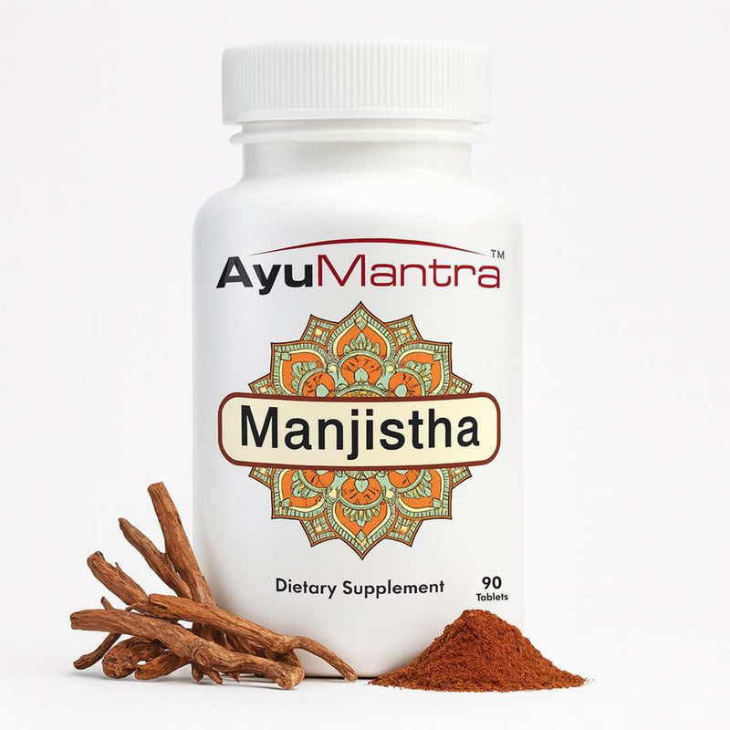 AyuMantra Manjistha dietary supplement bottle with roots and powder on a white background