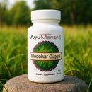 AyuMantra Medohar Guggul dietary supplement bottle on a rock with a natural background
