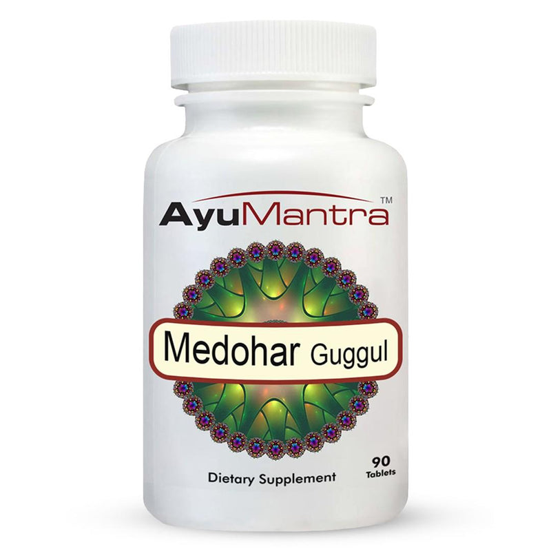 AyuMantra Medohar Guggul dietary supplement bottle on a white background