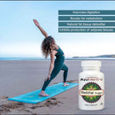 Woman practicing yoga on a beach with a bottle of AyuMantra Medohar Guggul supplement.