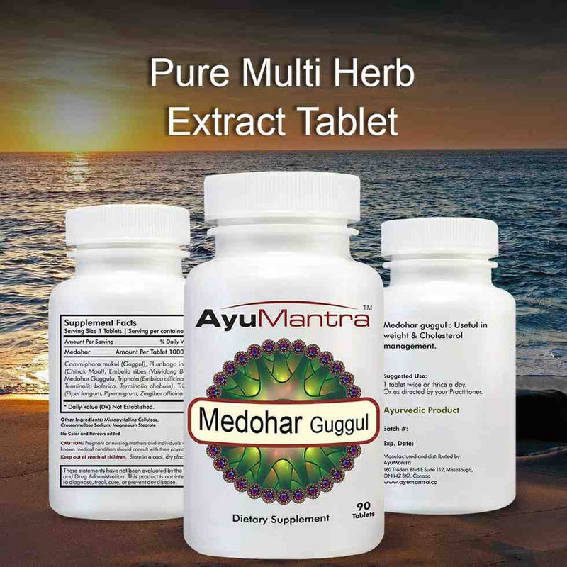 AyuMantra Medohar Guggul supplement bottles with a scenic background