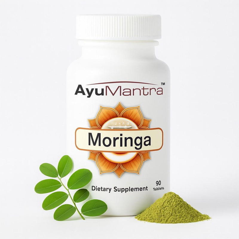 AyuMantra Moringa dietary supplement bottle with green leaves and powder on a white background