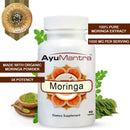AyuMantra Moringa dietary supplement bottle with packaging details on a white background
