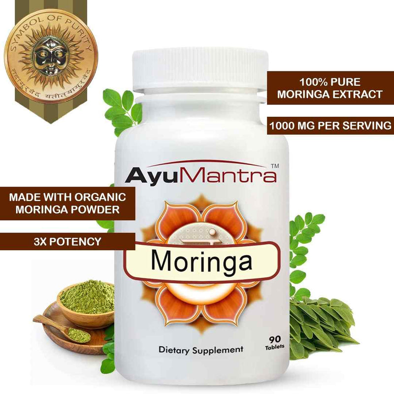 AyuMantra Moringa dietary supplement bottle with packaging details on a white background