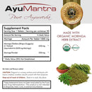 AyuMantra Pure Ayurveda supplement label with Moringa extract information.