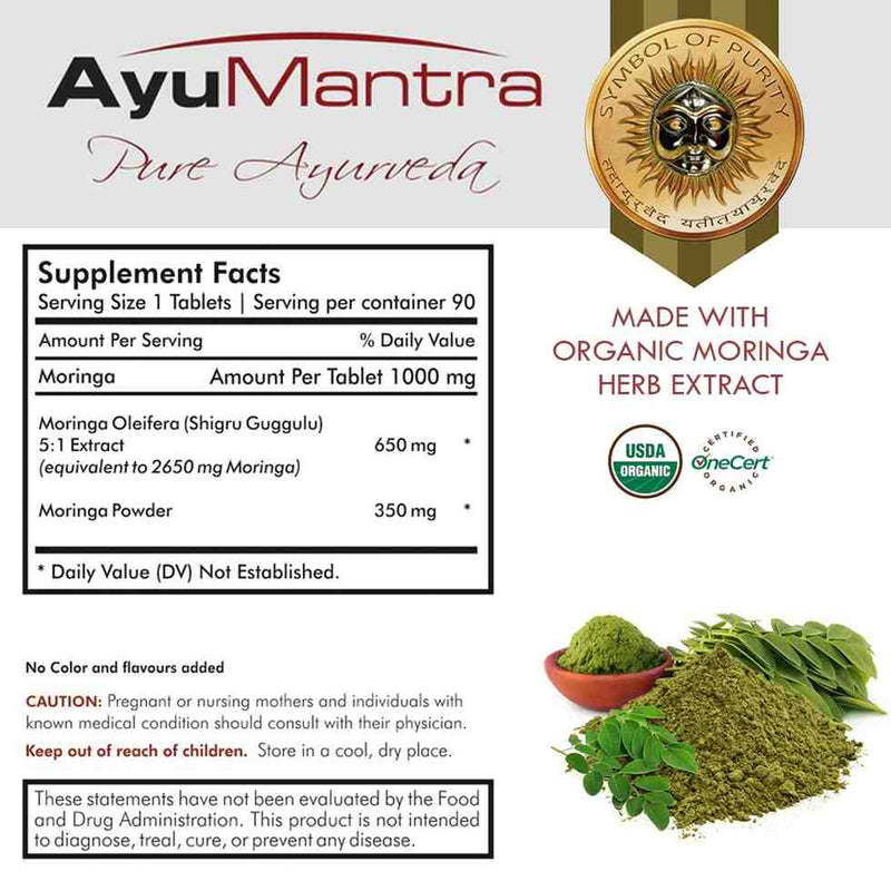 AyuMantra Pure Ayurveda supplement label with Moringa extract information.