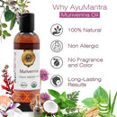 AyuMantra Murivenna Oil bottle with natural ingredients and benefits on a white background