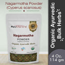 Package of AyuMantra Nagarmotha Powder with branding and product details on a light background