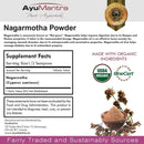 Label of AyuMantra Nagarmotha Powder with supplement facts, USDA Organic certification, and product image.