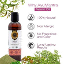 AyuMantra Neem oil bottle with product features on a white background