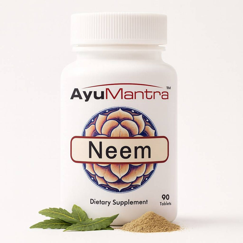 AyuMantra Neem dietary supplement bottle with leaves and powder on a white background