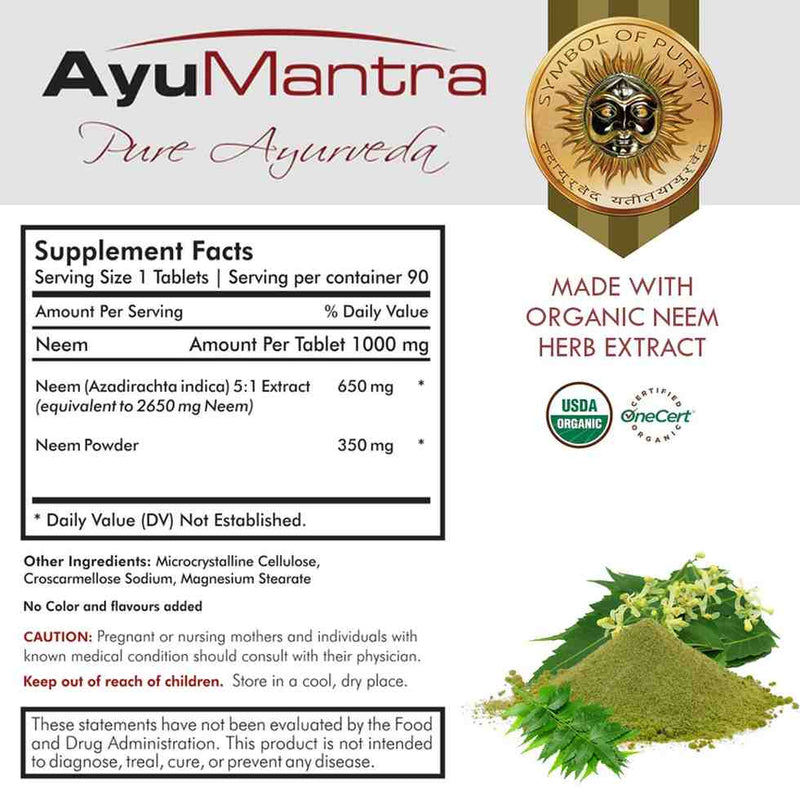 AyuMantra Pure Ayurveda supplement label with organic certification logo and neem herb image.