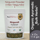 Package of AyuMantra Nirgundi Powder with branding and product details on a light background