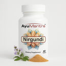 AyuMantra Nirgundi dietary supplement bottle with floral design on a white background