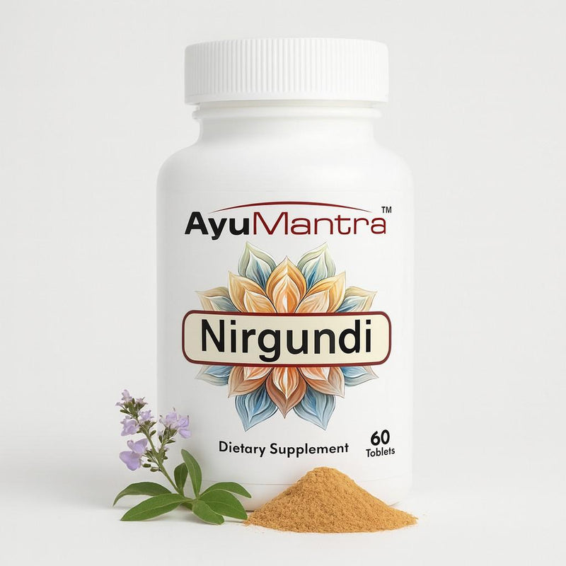 AyuMantra Nirgundi dietary supplement bottle with floral design on a white background