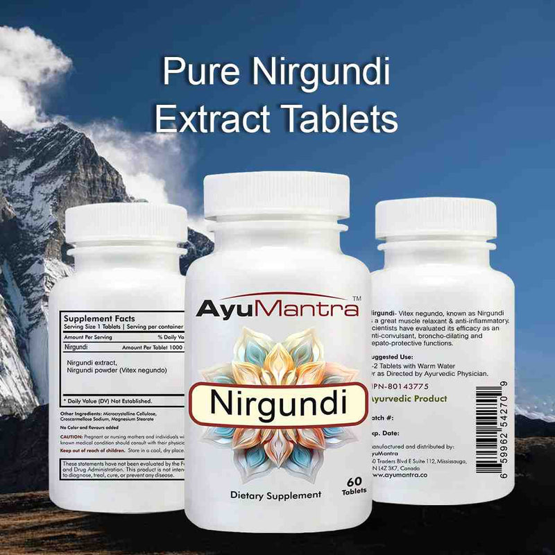 AyuMantra Nirgundi dietary supplement bottles with mountain background