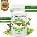 AyuMantra Orthoplus dietary supplement bottle with green leaves and herbs on a white background