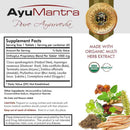 AyuMantra Pure Ayurveda supplement label with ingredients and branding details.