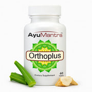 AyuMantra Orthoplus dietary supplement bottle with green leaves and a white background