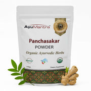 AyuMantra Panchasakar Powder packaging with organic certification logos on a white background