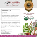 AyuMantra Psoriwell Oil packaging with ingredients list, organic certification logos, and product description.