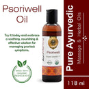 Psoriwell oil bottle with branding and product details on a white background