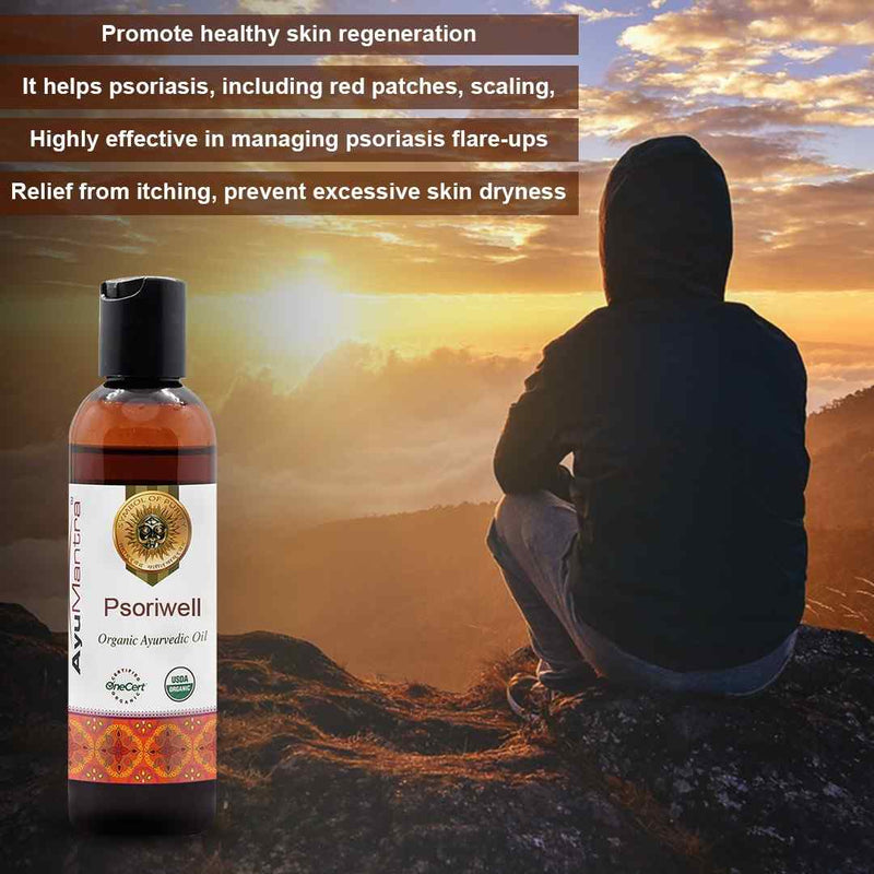Ayurveda Psorivell bottle with person sitting on a mountain at sunset