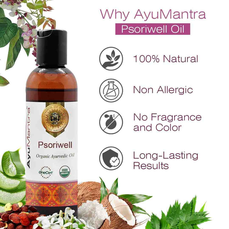 AyuMantra Psoriwell Oil bottle with natural ingredients and product features on a white background
