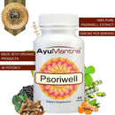AyuMantra Psoriwell dietary supplement bottle with natural elements and branding details.