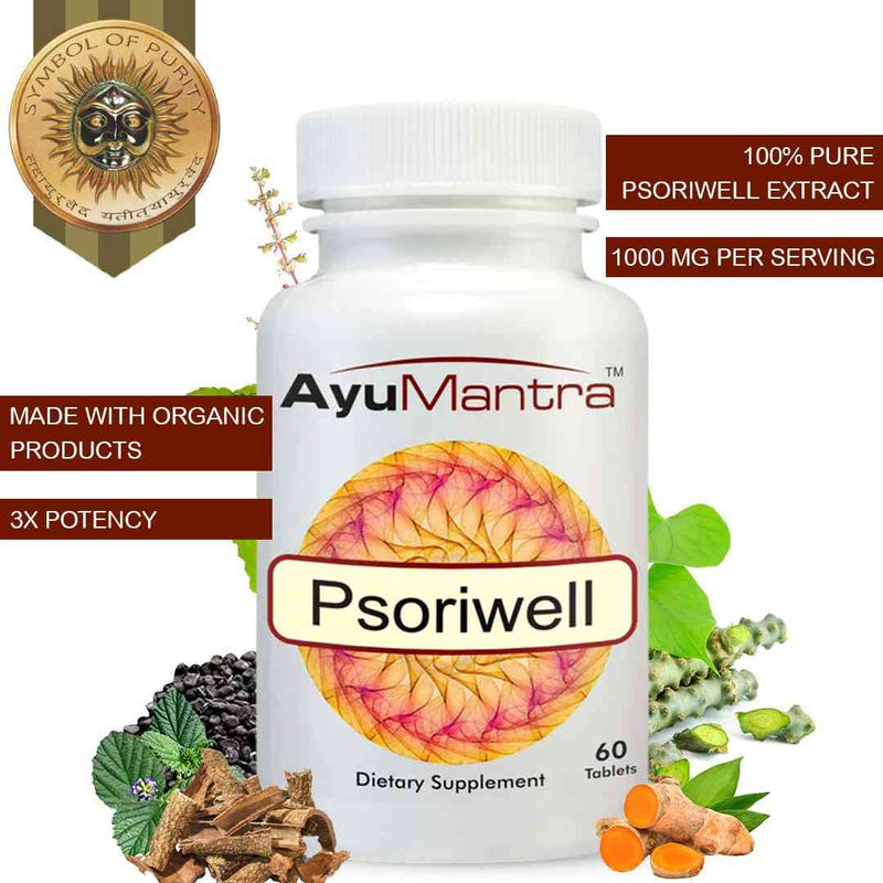 AyuMantra Psoriwell dietary supplement bottle with natural elements and branding details.