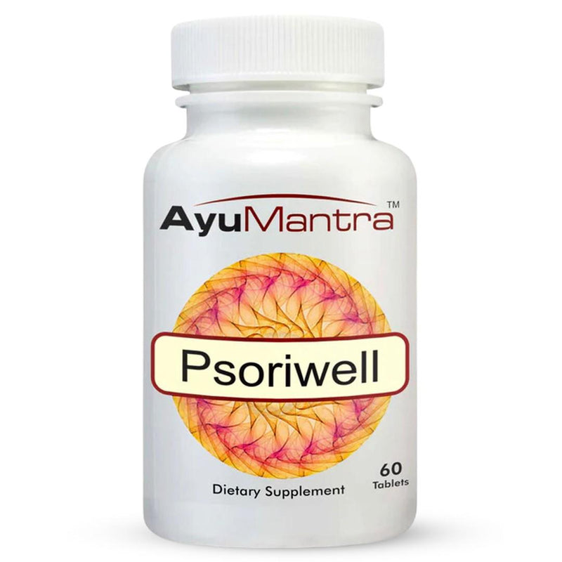 AyuMantra Psoriwell dietary supplement bottle on a white background