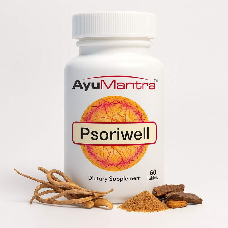 AyuMantra Psoriwell dietary supplement bottle with herbs on a white background