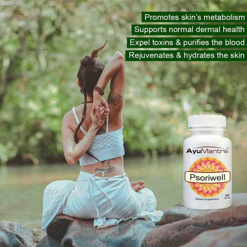 Woman practicing yoga by a river with an AyuMantra Psoriwell supplement bottle.