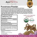 Ayurvedic Punarnava Powder packaging with supplement facts and organic certification logos.
