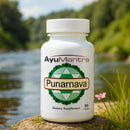 AyuMantra Punarnava dietary supplement bottle with a natural background