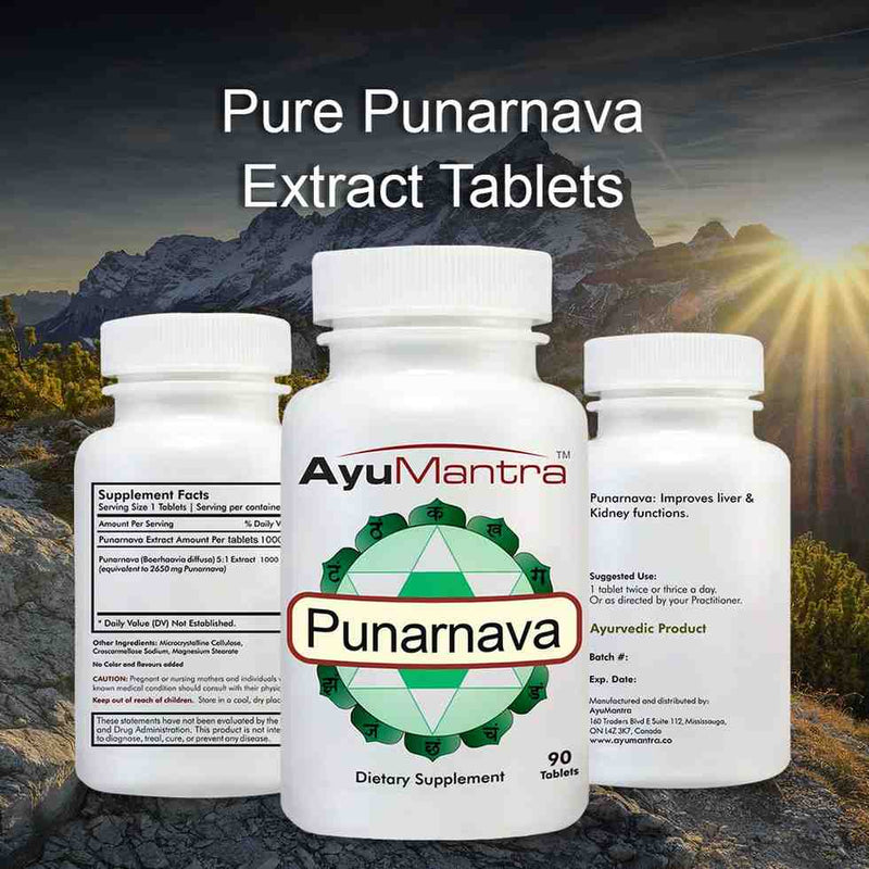 AyuMantra Punarnava dietary supplement bottles with a mountainous background