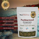 AyuMantra Pushkarmool Powder packaging with scenic background
