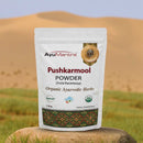 AyuMantra Pushkarmool Powder packaging with a desert landscape in the background