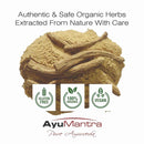 Ayurvedic herbs with certification logos and AyuMantra branding on a white background
