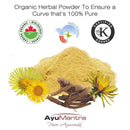 Organic herbal powder with AyuMantra branding and certification logos on a white background