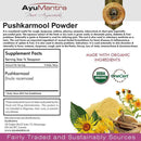 Label of AyuMantra Pushkarmool Powder with supplement facts and organic certification logos.