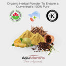 Organic herbal powder with AyuMantra branding and certification logos on a white background